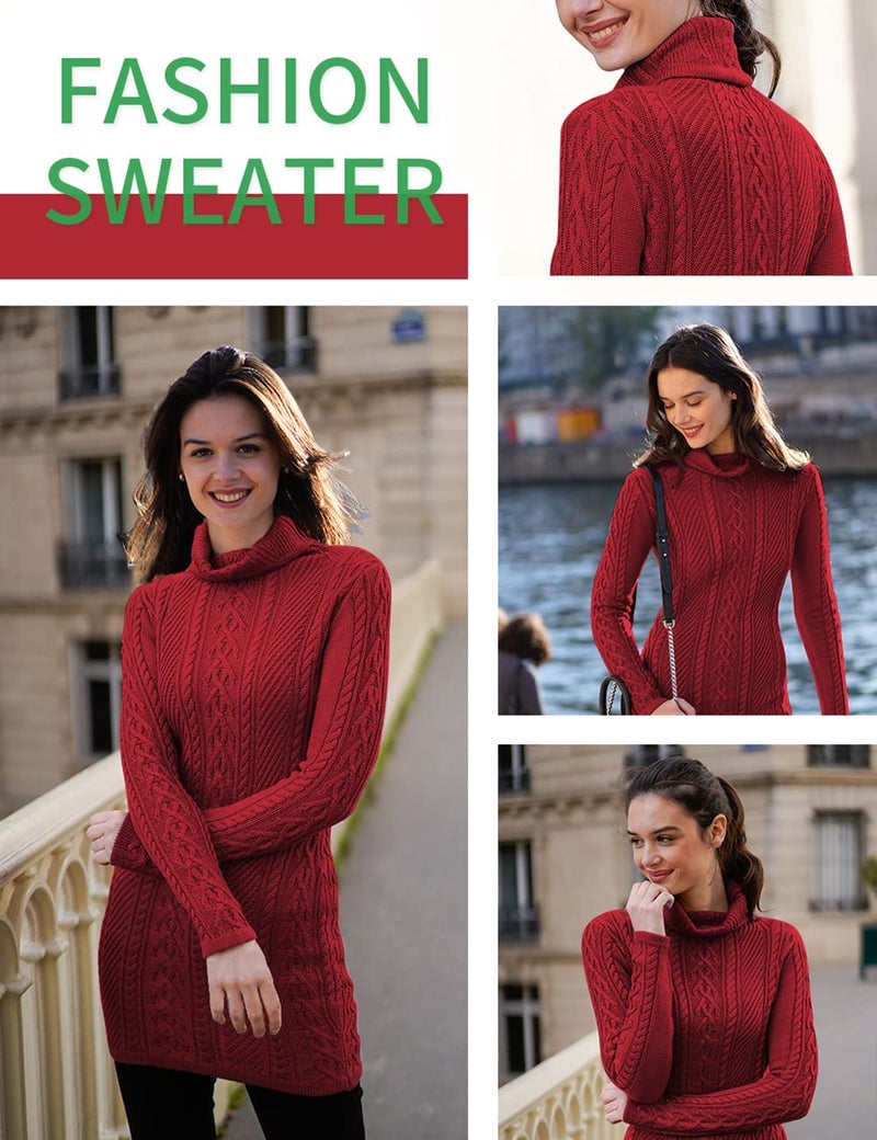 v28 Women Polo Neck Turtleneck Knit Stretchable Elasticity Long Slim Sweater (S,Wine) - Image 3